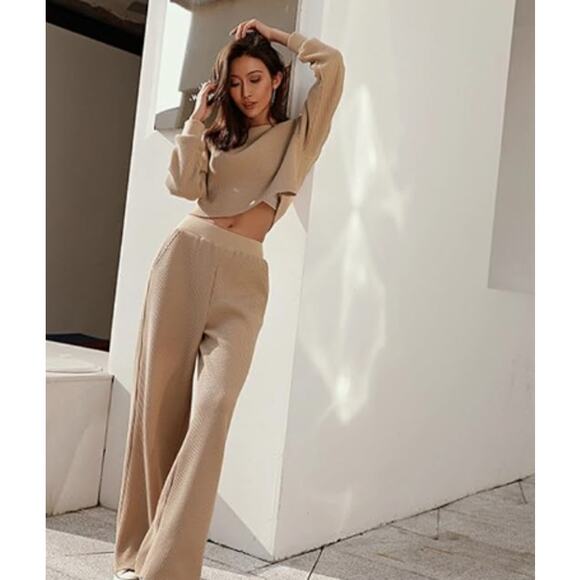 Tori 2 Piece Waffle Pants Set in Camel | Size Small | Chicgenes - Picture 2 of 6